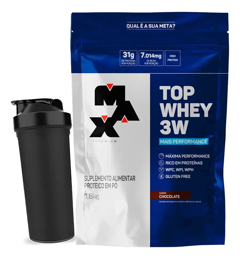 Embalagem de Top Whey 3w Protein Coqueteleira